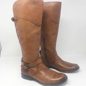 FRYE | Phillip Belted Tall Riding Boots in Cognac Tan Leather Women’s Size 7.5